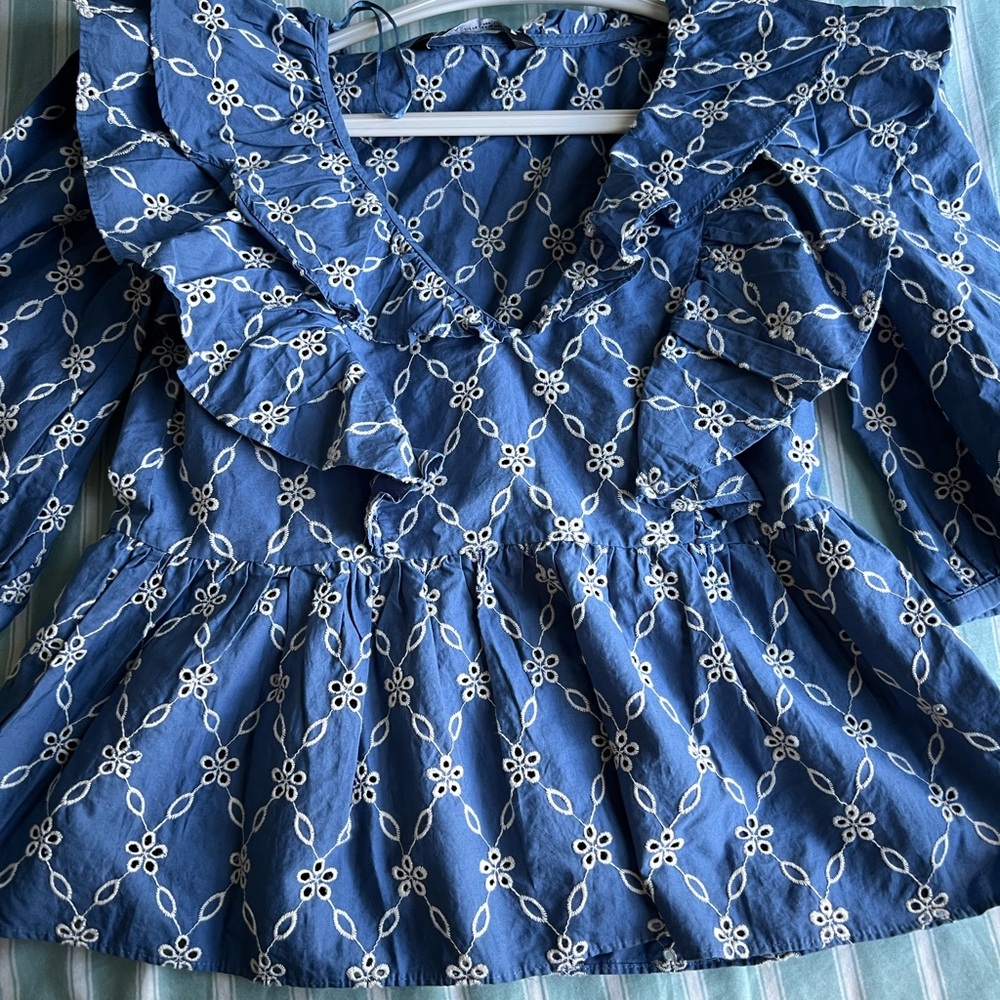Zara Blue Embroidered Ruffle Blouse